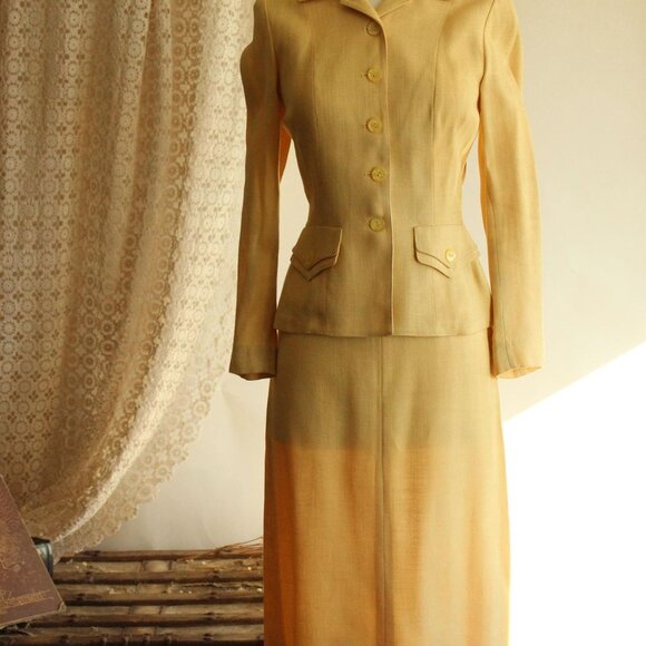 Vintage 1940s Suit, Arthur Jay Yellow Linen Two Piece Skirt And Jacket - Picture 3 of 11